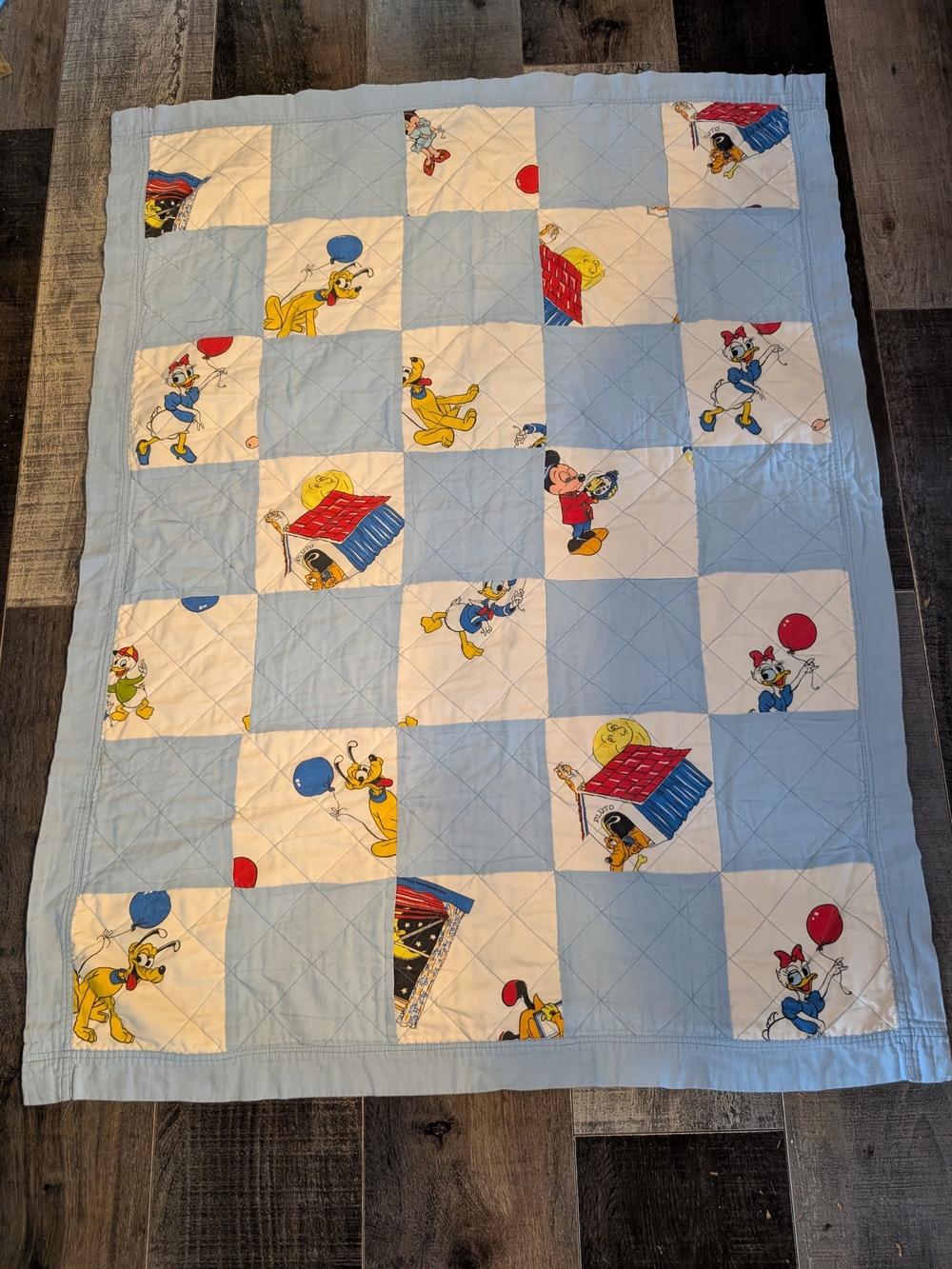 2/60$ Vintage Light Blue and White Cartoon Disney Patchwork Baby Quilt